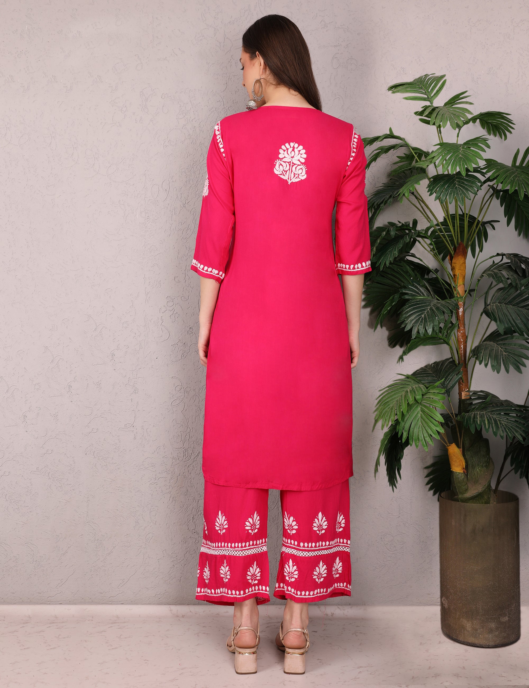 iKRABIB Women's Chikankari Kurti Palazzo Set, 3/4 Sleeves