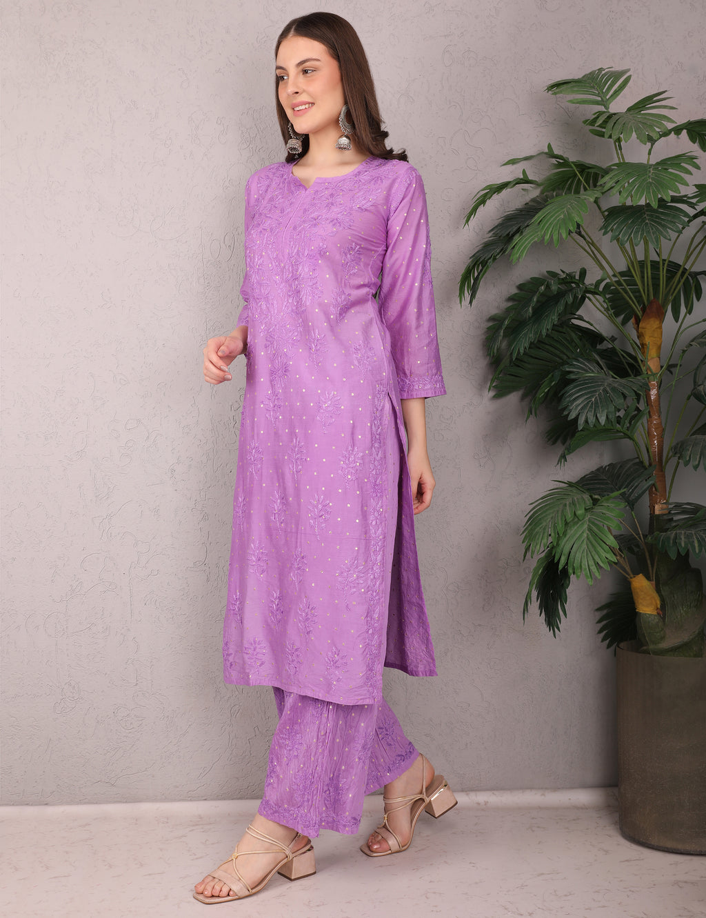 Women Traditional Lucknowi Chikankari Kurti Palazzo set, (Mukesh Work) 3/4 Sleeves, Ethnic Wear