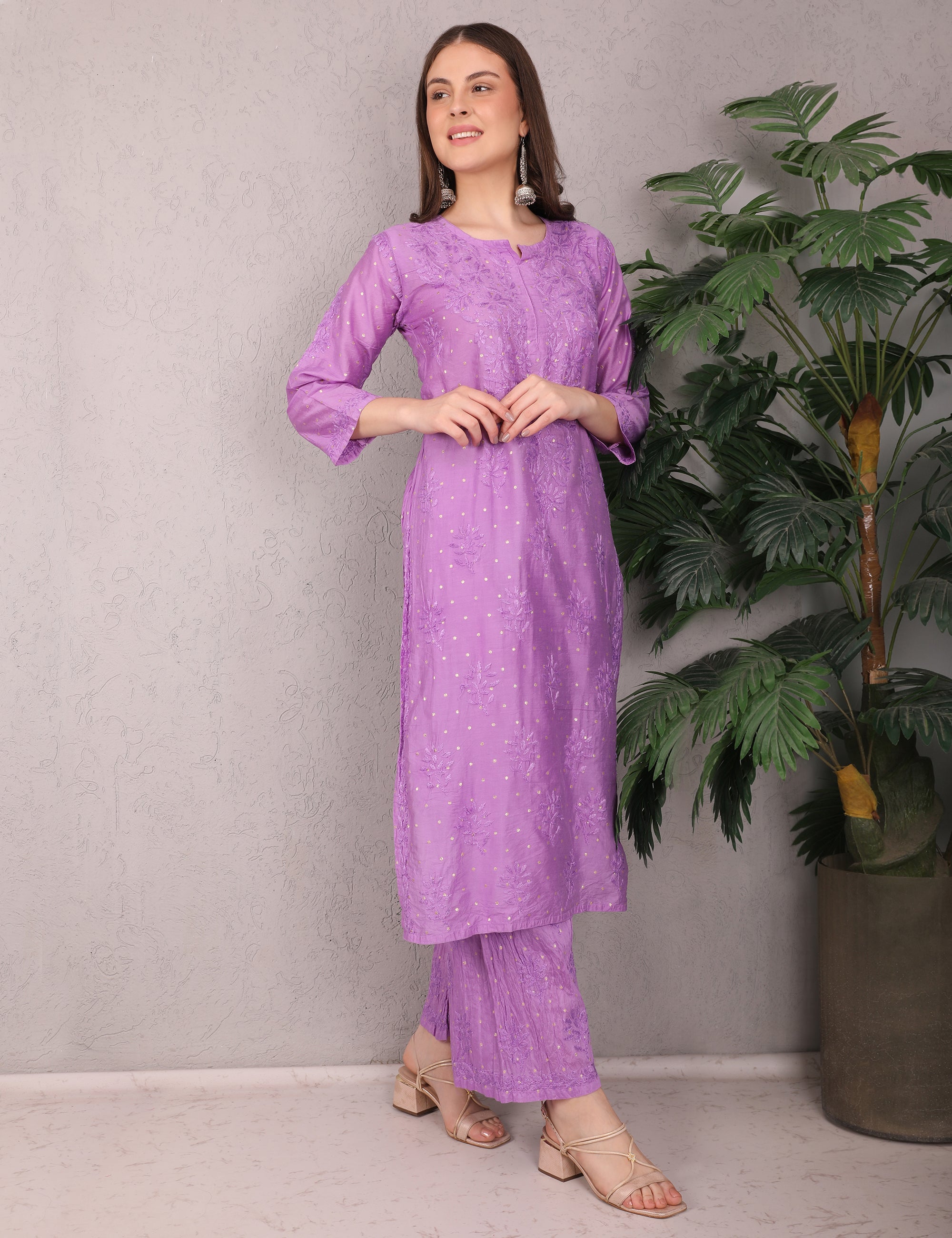 Women Traditional Lucknowi Chikankari Kurti Palazzo set, (Mukesh Work) 3/4 Sleeves, Ethnic Wear