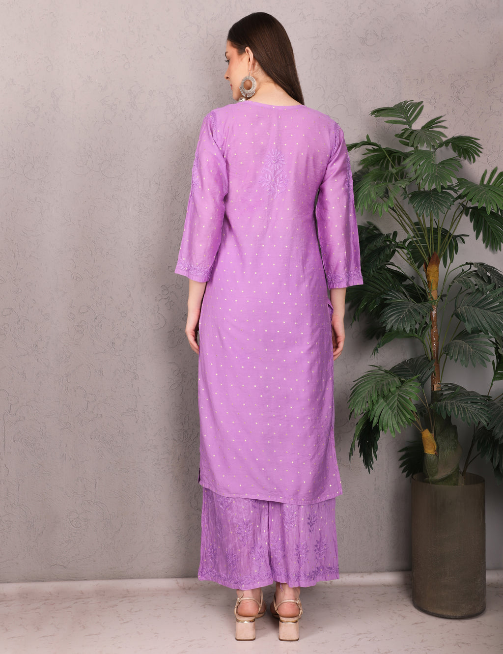 Women Traditional Lucknowi Chikankari Kurti Palazzo set, (Mukesh Work) 3/4 Sleeves, Ethnic Wear