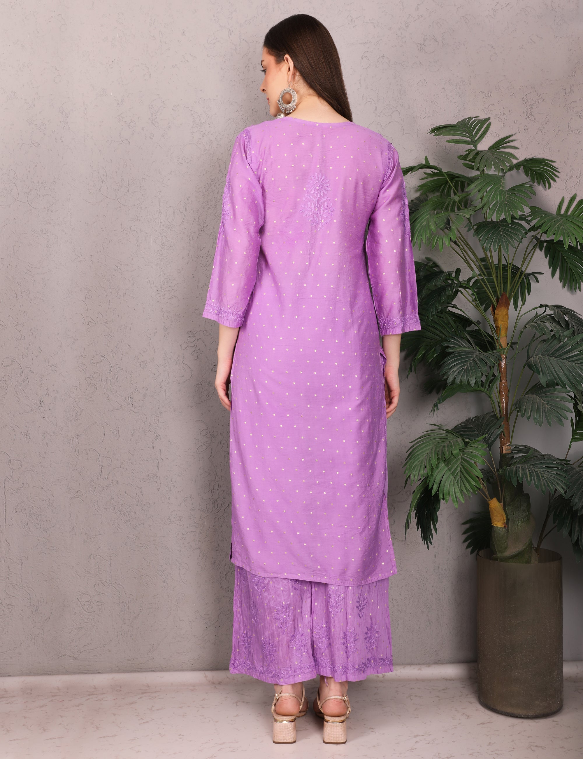 Women Traditional Lucknowi Chikankari Kurti Palazzo set, (Mukesh Work) 3/4 Sleeves, Ethnic Wear