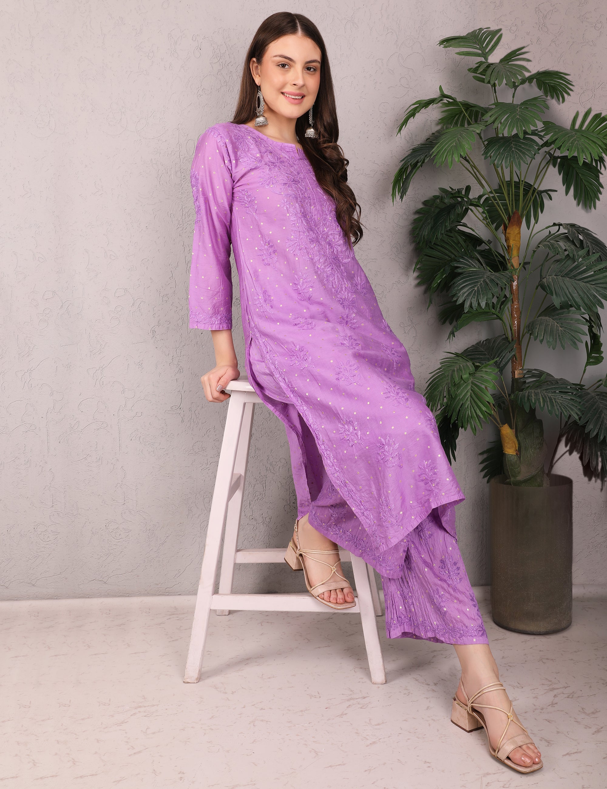 Women Traditional Lucknowi Chikankari Kurti Palazzo set, (Mukesh Work) 3/4 Sleeves, Ethnic Wear