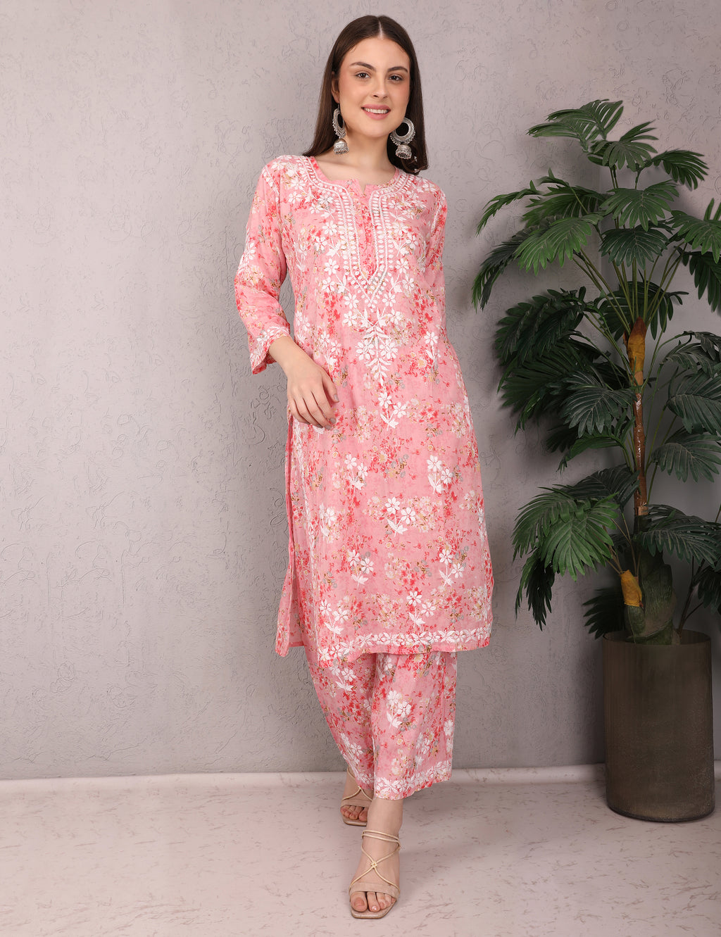 iKRABIB Women's Chikankari Kurti Palazzo Set, 3/4 Sleeves