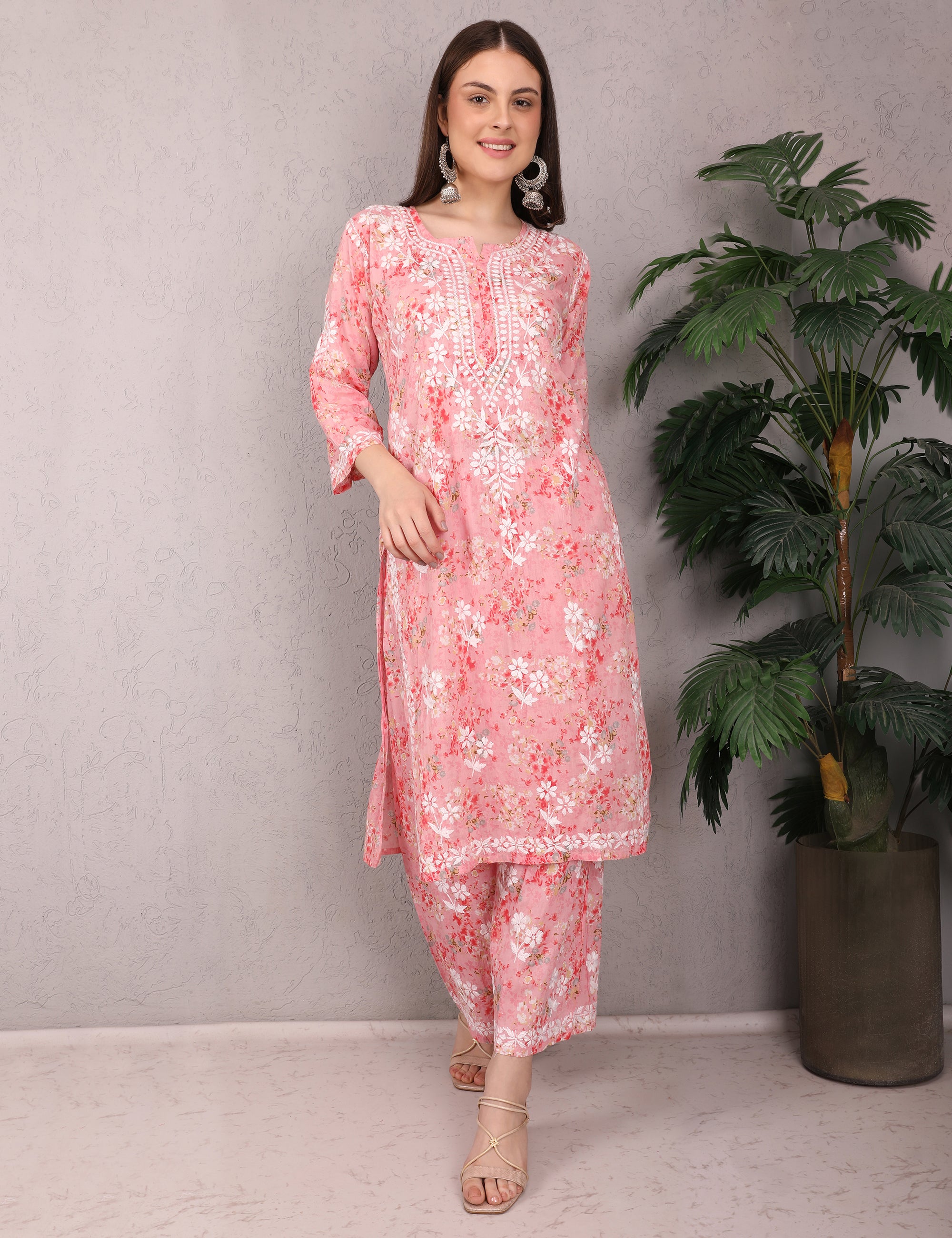 iKRABIB Women's Chikankari Kurti Palazzo Set, 3/4 Sleeves