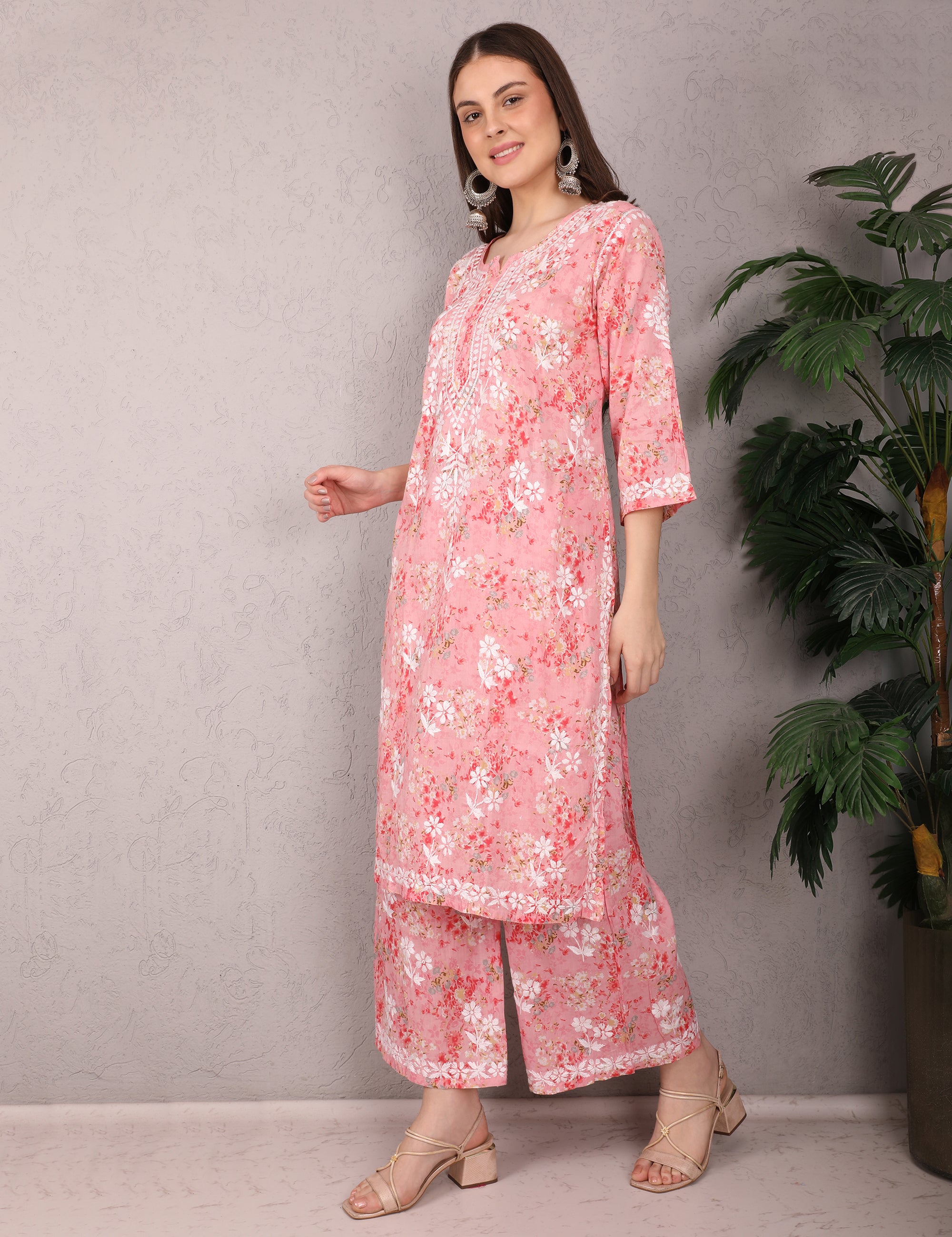 iKRABIB Women's Chikankari Kurti Palazzo Set, 3/4 Sleeves
