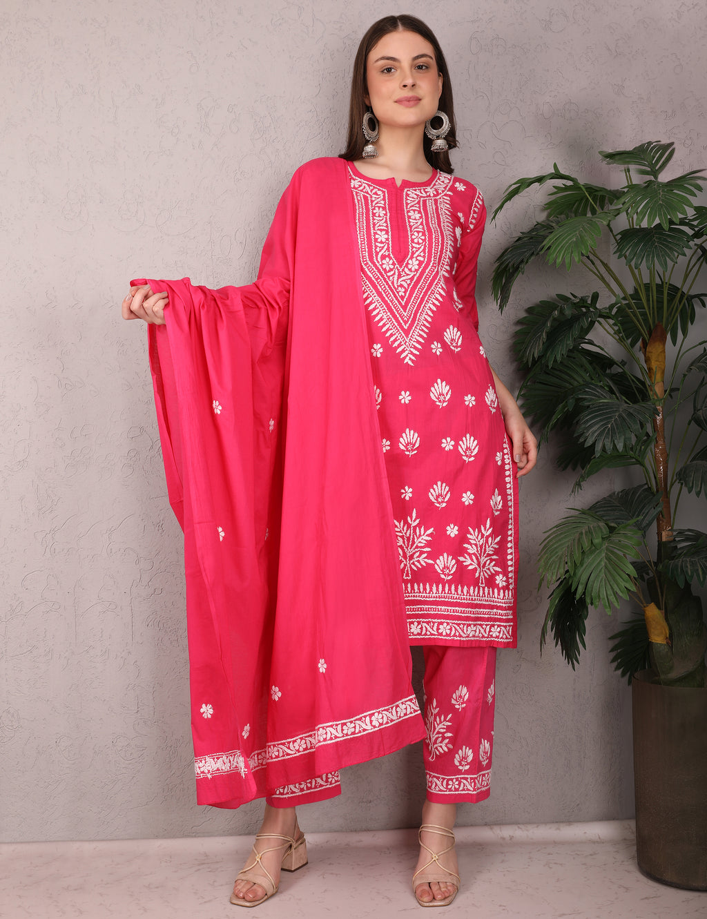 iKRABIB Women's Lucknowi Chikankari Kurti Palazzo Dupatta Set, 3/4 Sleeves