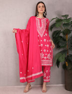 iKRABIB Women's Lucknowi Chikankari Kurti Palazzo Dupatta Set, 3/4 Sleeves