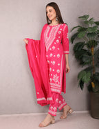 iKRABIB Women's Lucknowi Chikankari Kurti Palazzo Dupatta Set, 3/4 Sleeves