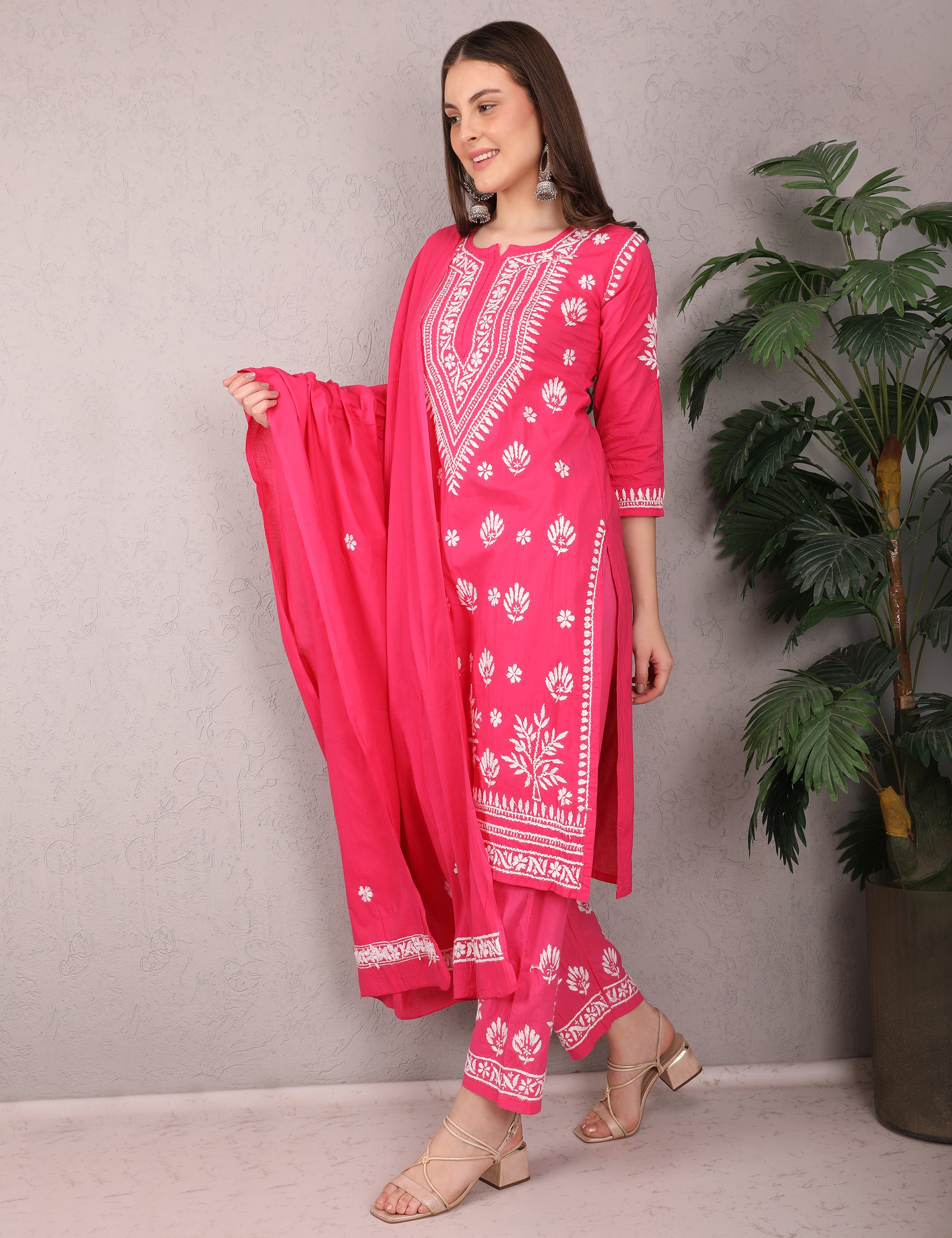 iKRABIB Women's Lucknowi Chikankari Kurti Palazzo Dupatta Set, 3/4 Sleeves