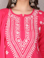 iKRABIB Women's Lucknowi Chikankari Kurti Palazzo Dupatta Set, 3/4 Sleeves