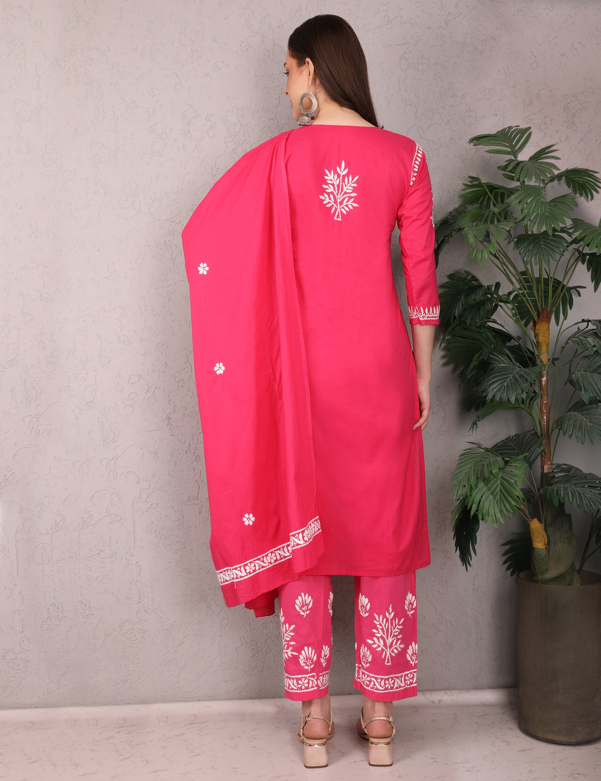 iKRABIB Women's Lucknowi Chikankari Kurti Palazzo Dupatta Set, 3/4 Sleeves