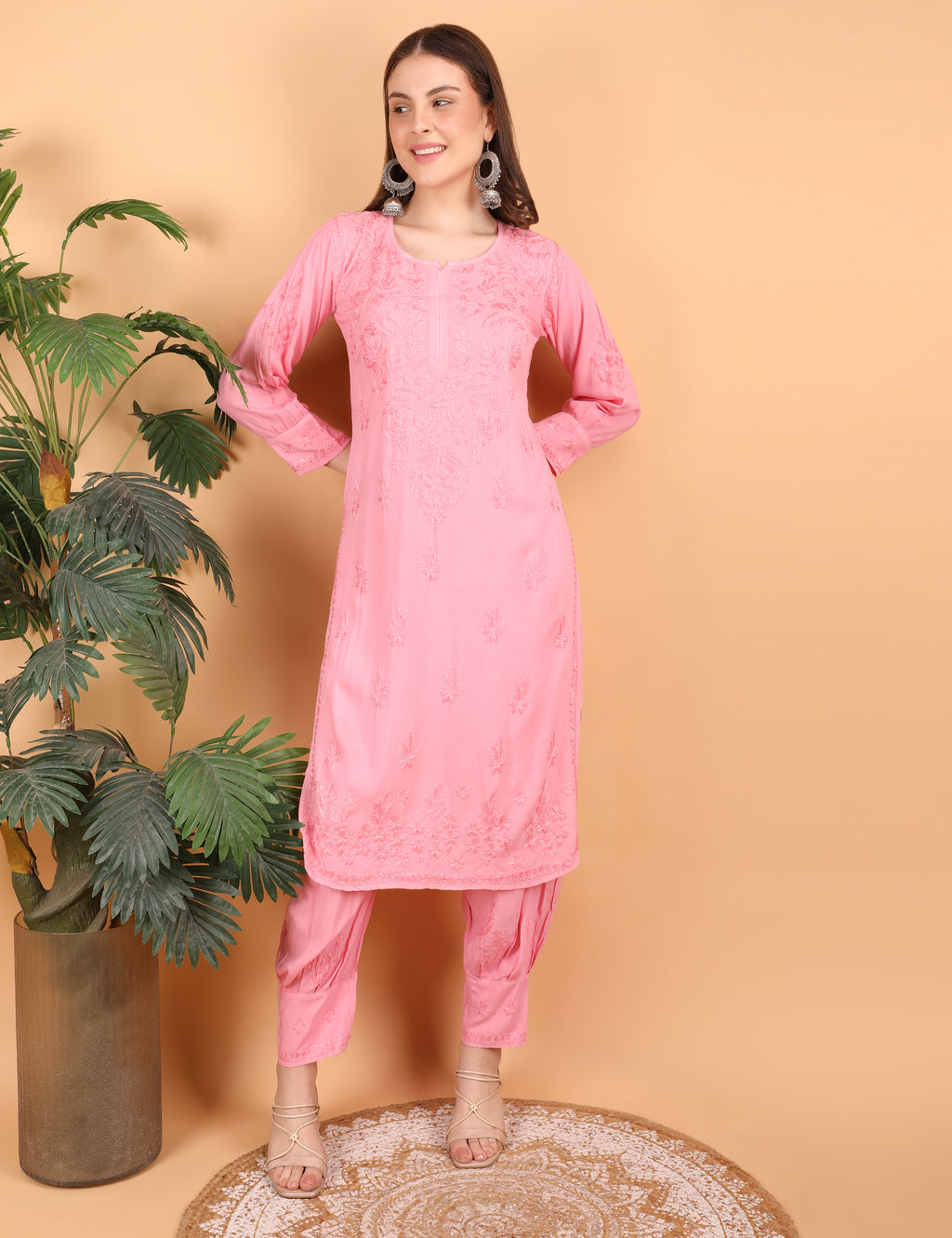 iKRABIB Women's Lucknowi Chikankari Kurti Palazzo Pathani Set, 3/4 Sleeves