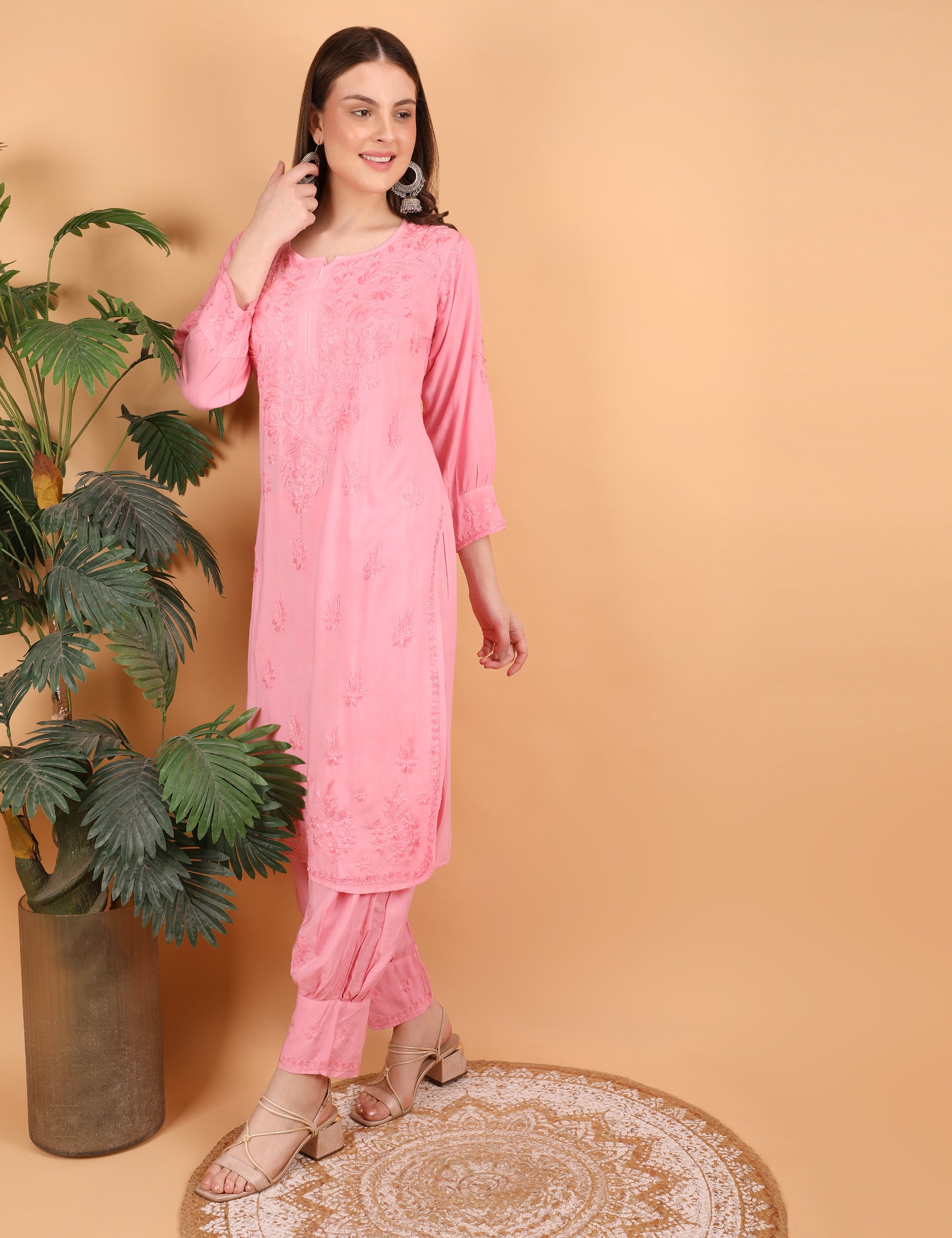 iKRABIB Women's Lucknowi Chikankari Kurti Palazzo Pathani Set, 3/4 Sleeves