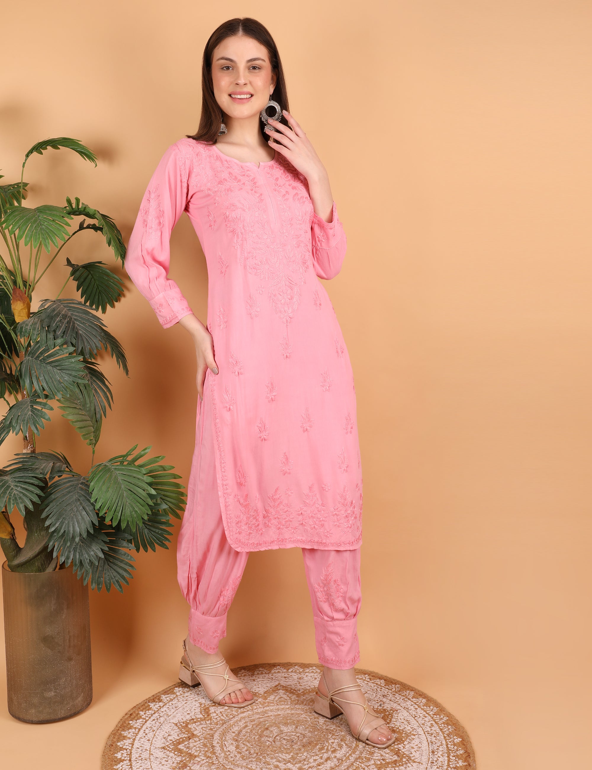 iKRABIB Women's Lucknowi Chikankari Kurti Palazzo Pathani Set, 3/4 Sleeves