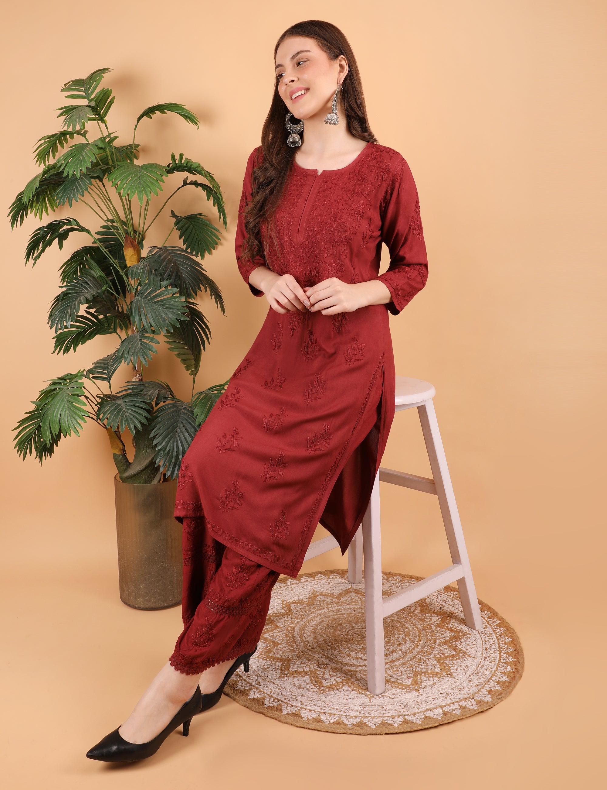 iKRABIB Women's Lucknowi Chikankari Kurti Palazzo Set, Sarara Style, 3/4 Sleeves