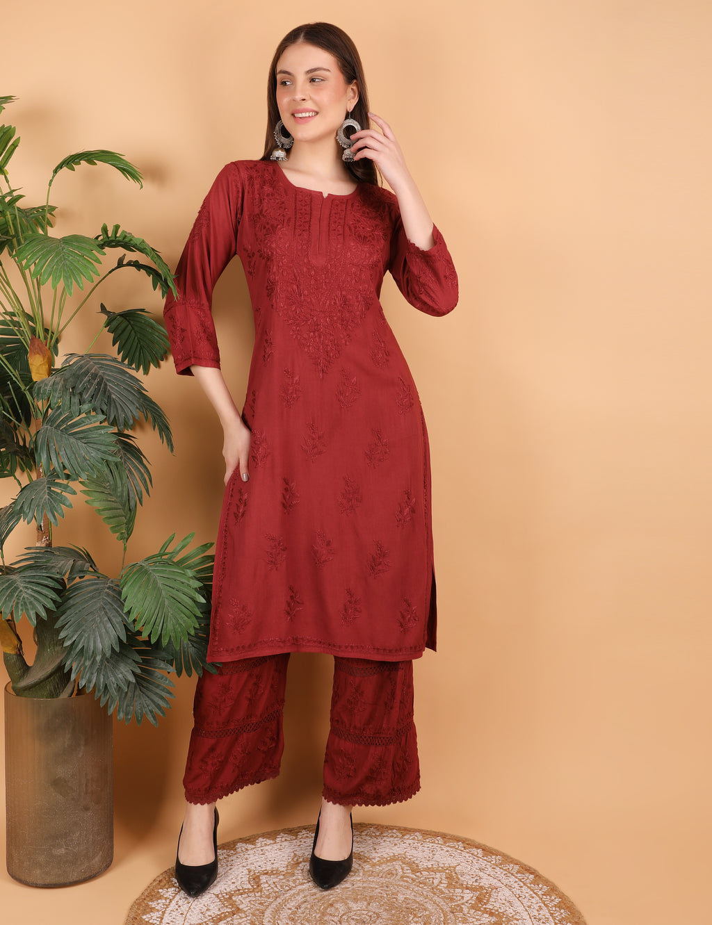 iKRABIB Women's Lucknowi Chikankari Kurti Palazzo Set, Sarara Style, 3/4 Sleeves