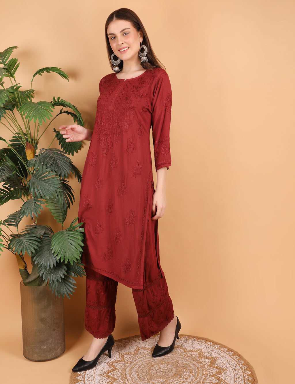 iKRABIB Women's Lucknowi Chikankari Kurti Palazzo Set, Sarara Style, 3/4 Sleeves