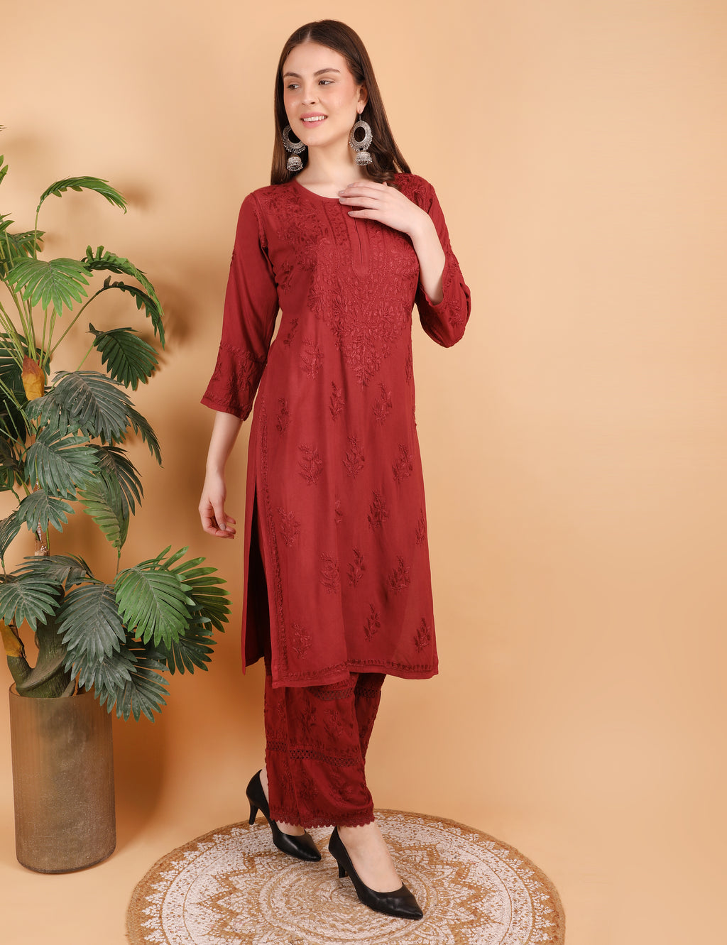 iKRABIB Women's Lucknowi Chikankari Kurti Palazzo Set, Sarara Style, 3/4 Sleeves