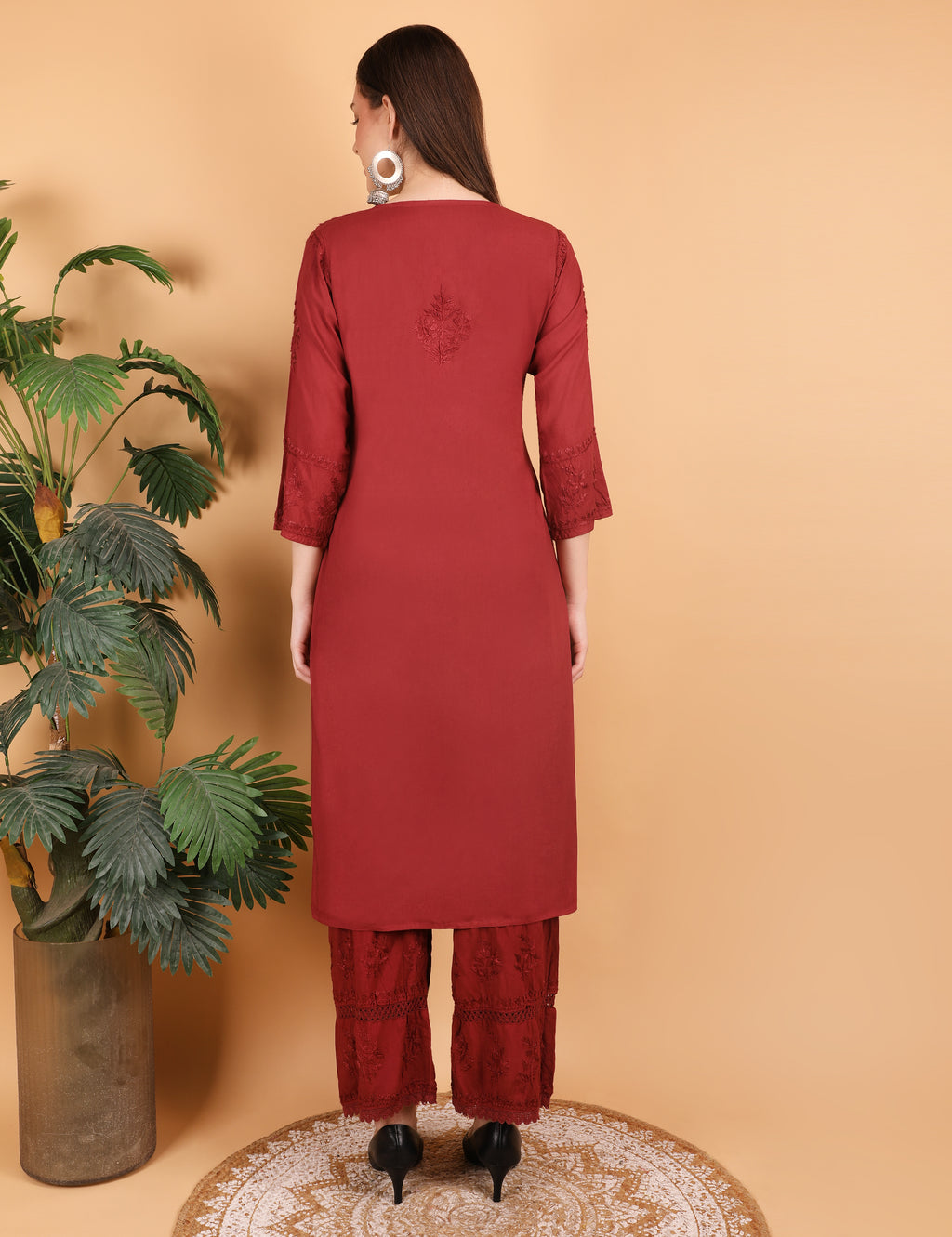 iKRABIB Women's Lucknowi Chikankari Kurti Palazzo Set, Sarara Style, 3/4 Sleeves