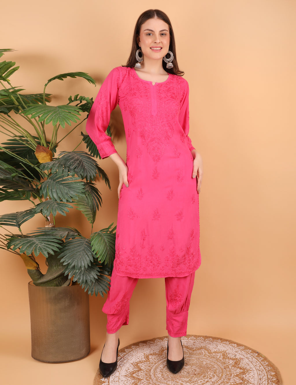 iKRABIB Women's Lucknowi Chikankari Kurti Palazzo Pathani Set, 3/4 Sleeves