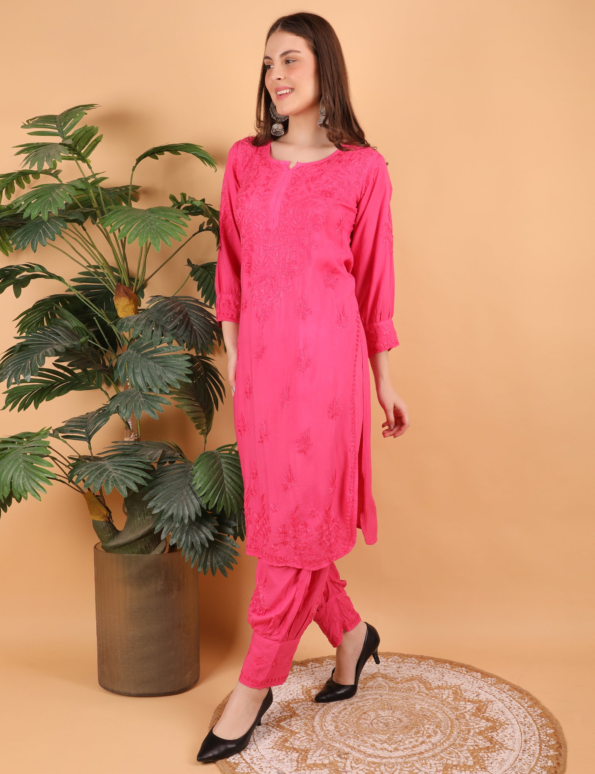 iKRABIB Women's Lucknowi Chikankari Kurti Palazzo Pathani Set, 3/4 Sleeves