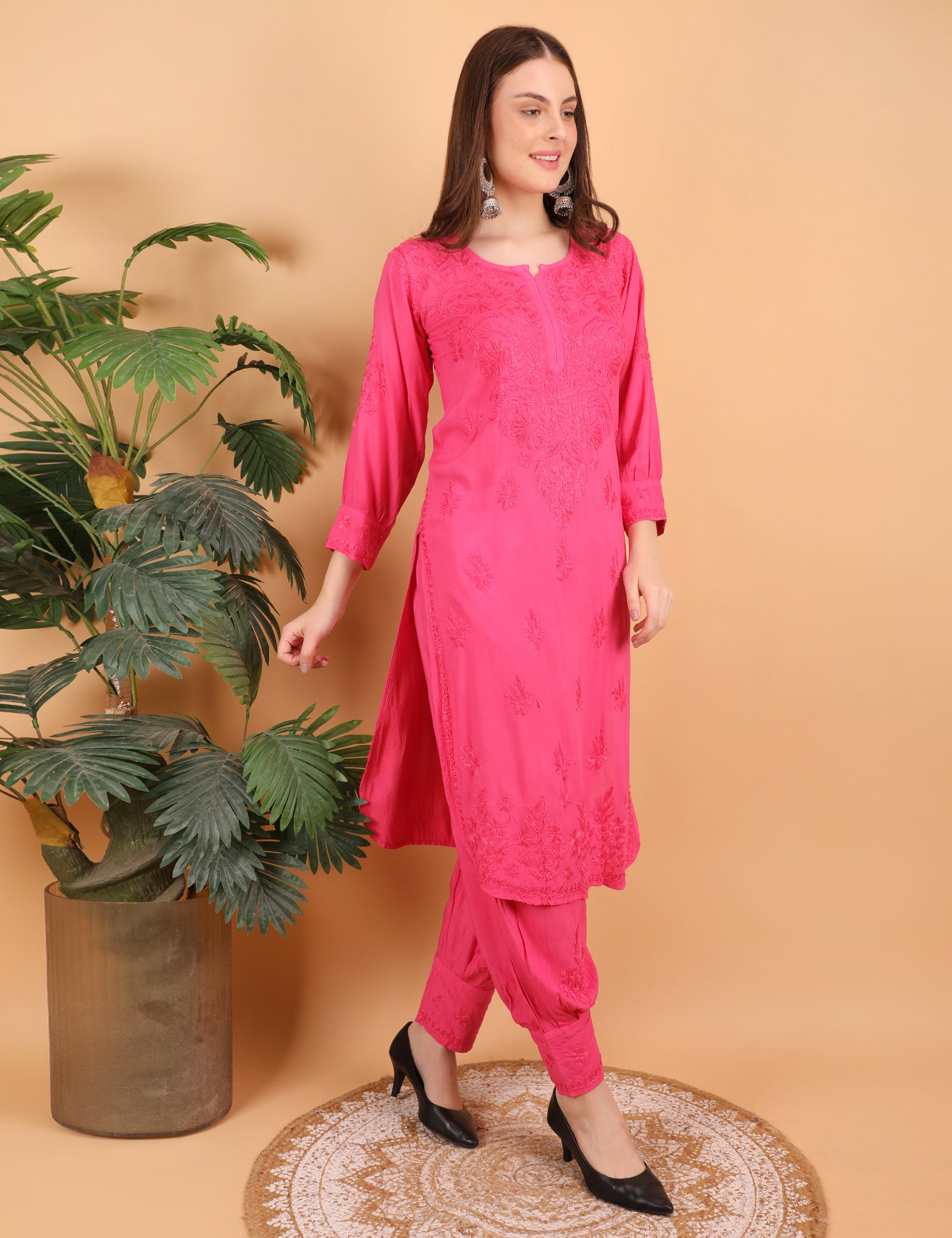 iKRABIB Women's Lucknowi Chikankari Kurti Palazzo Pathani Set, 3/4 Sleeves