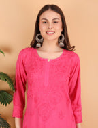 iKRABIB Women's Lucknowi Chikankari Kurti Palazzo Pathani Set, 3/4 Sleeves