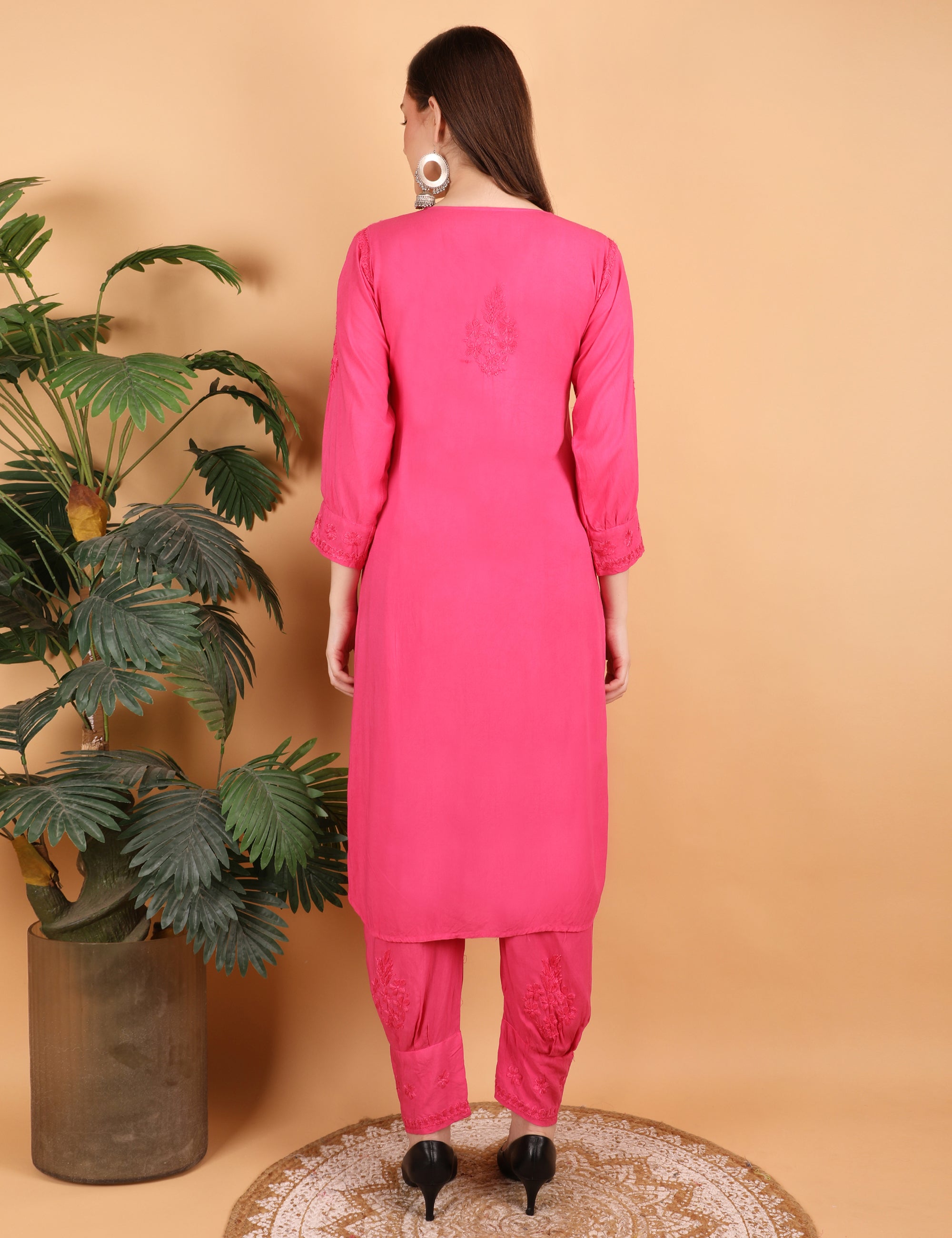 iKRABIB Women's Lucknowi Chikankari Kurti Palazzo Pathani Set, 3/4 Sleeves