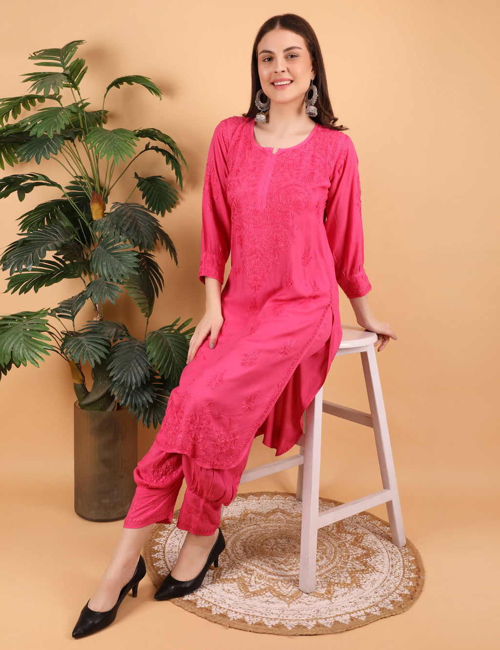 iKRABIB Women's Lucknowi Chikankari Kurti Palazzo Pathani Set, 3/4 Sleeves