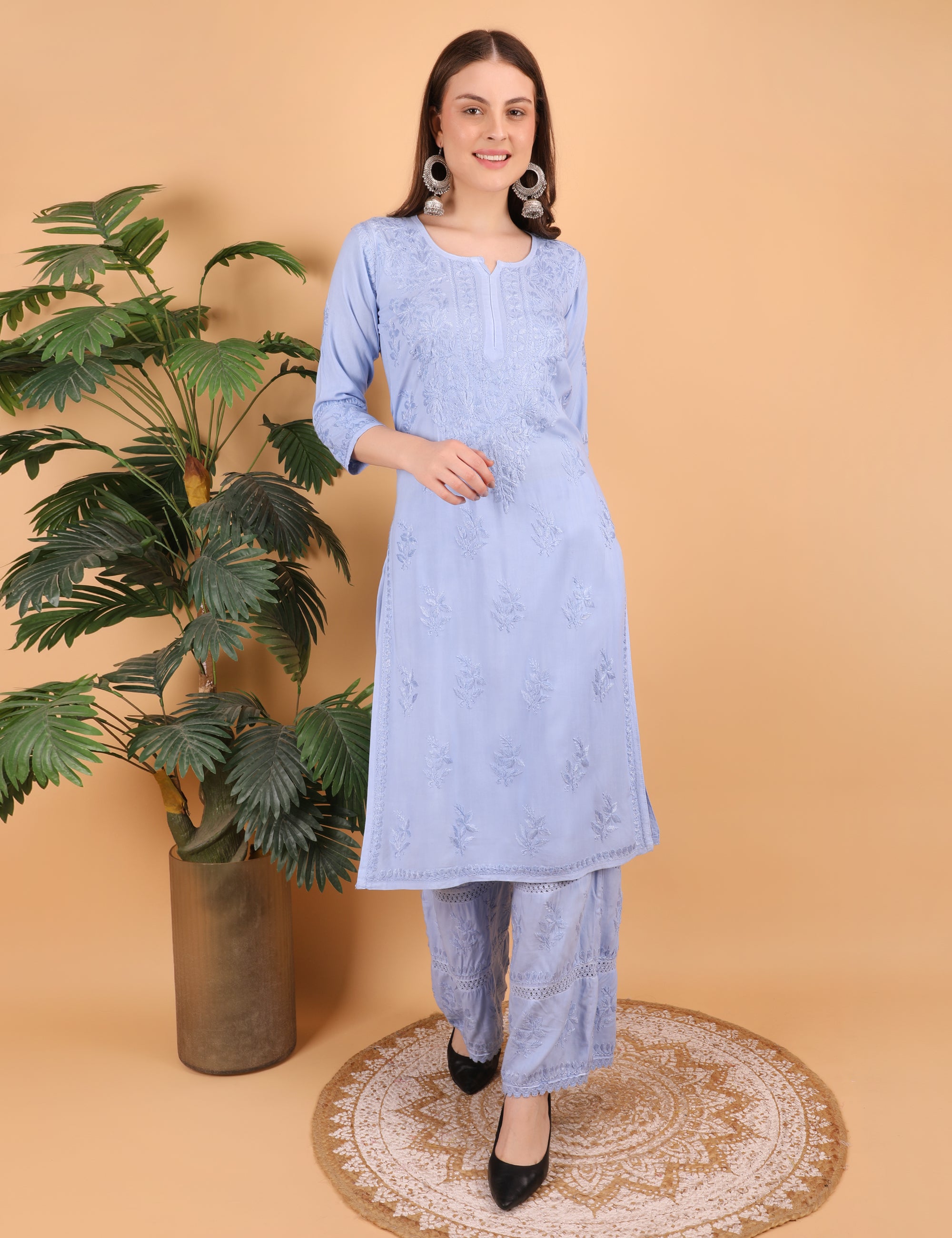 iKRABIB Women's Lucknowi Chikankari Kurti Palazzo Set, Sarara Style, 3/4 Sleeves