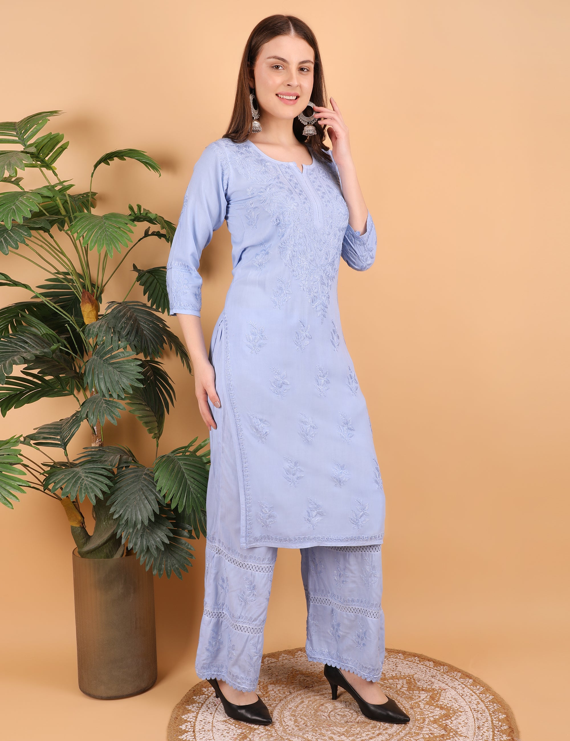 iKRABIB Women's Lucknowi Chikankari Kurti Palazzo Set, Sarara Style, 3/4 Sleeves