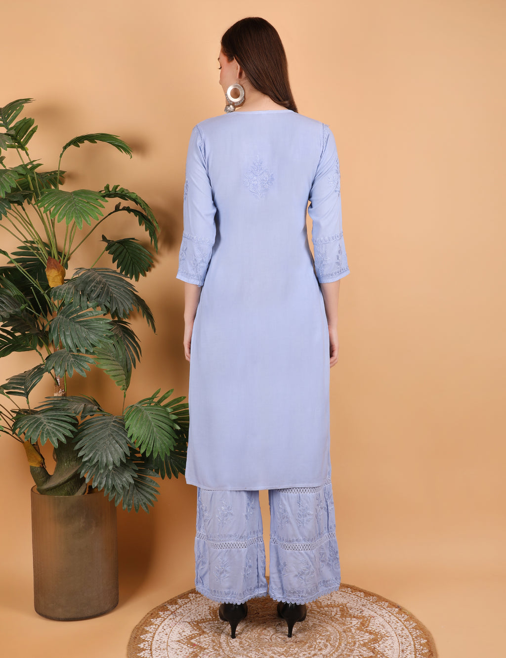 iKRABIB Women's Lucknowi Chikankari Kurti Palazzo Set, Sarara Style, 3/4 Sleeves