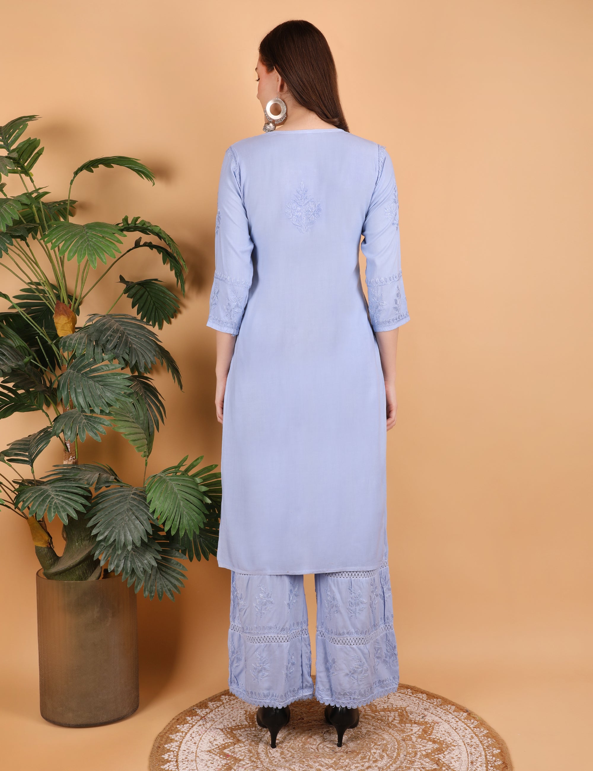 iKRABIB Women's Lucknowi Chikankari Kurti Palazzo Set, Sarara Style, 3/4 Sleeves