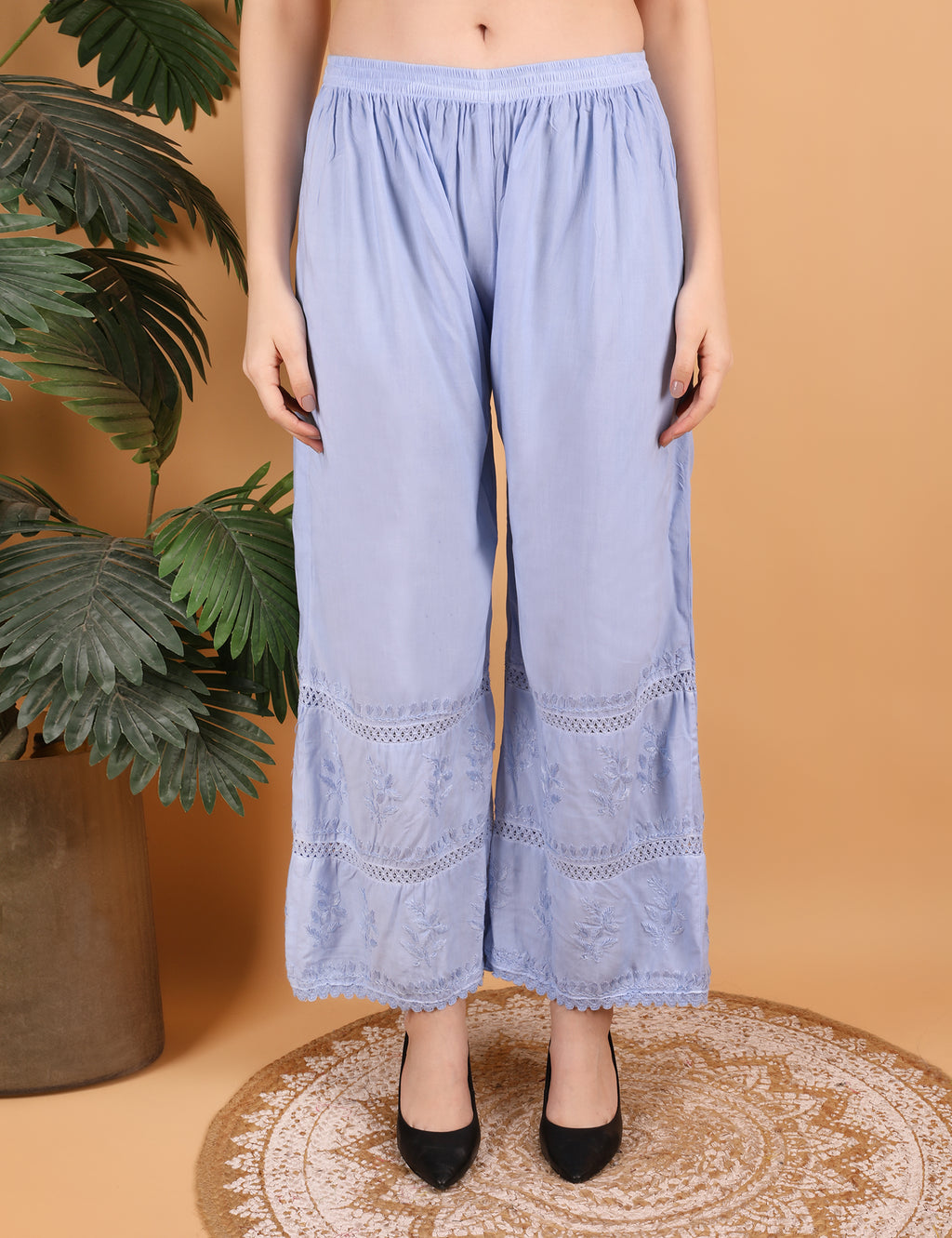 iKRABIB Women's Lucknowi Chikankari Kurti Palazzo Set, Sarara Style, 3/4 Sleeves