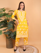 iKRABIB Women's Lucknowi Chikankari Kurti Palazzo Dupatta Set, 3/4 Sleeves