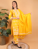 iKRABIB Women's Lucknowi Chikankari Kurti Palazzo Dupatta Set, 3/4 Sleeves