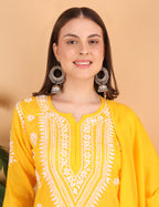 iKRABIB Women's Lucknowi Chikankari Kurti Palazzo Dupatta Set, 3/4 Sleeves