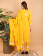 iKRABIB Women's Lucknowi Chikankari Kurti Palazzo Dupatta Set, 3/4 Sleeves