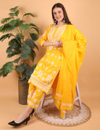 iKRABIB Women's Lucknowi Chikankari Kurti Palazzo Dupatta Set, 3/4 Sleeves