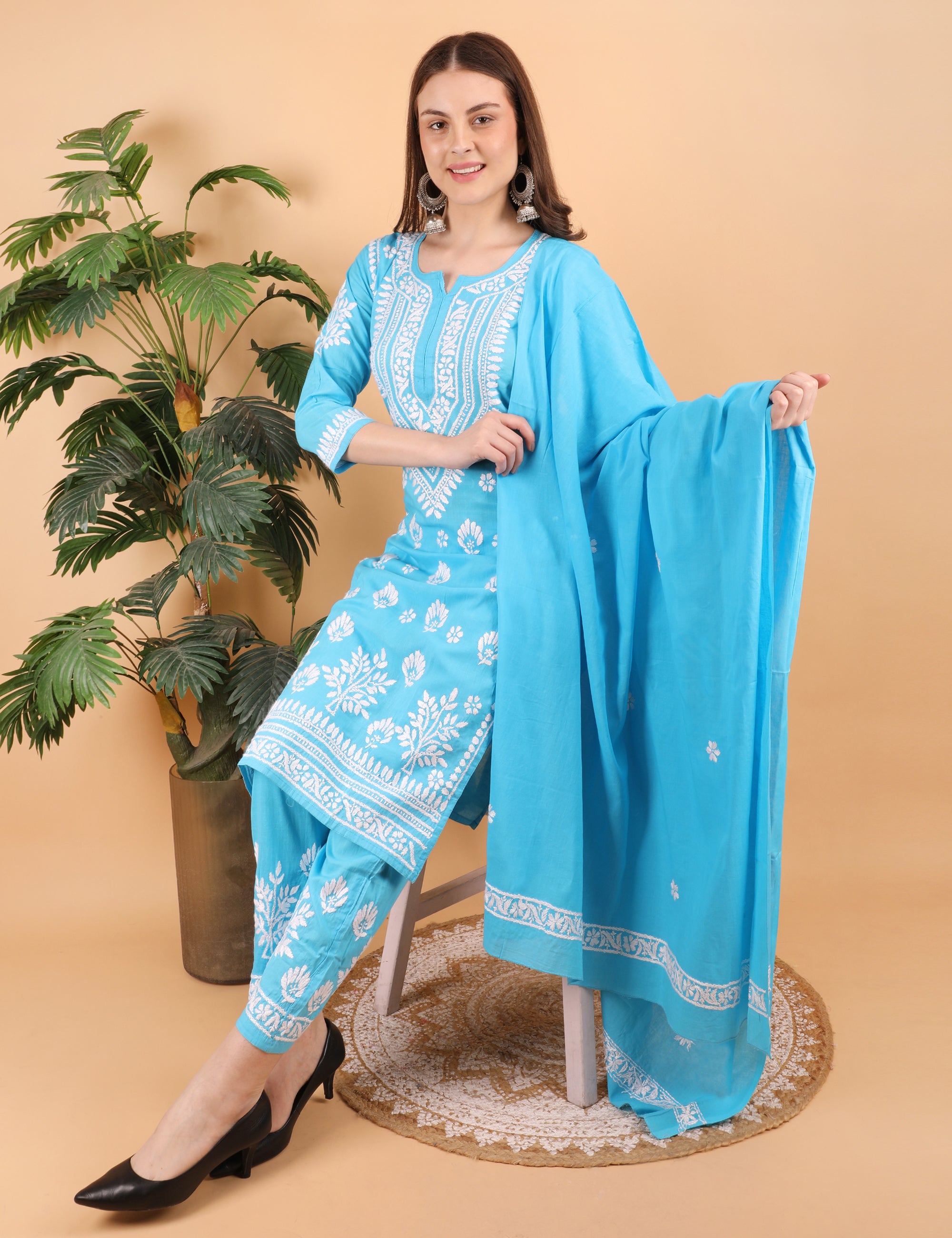 iKRABIB Women's Lucknowi Chikankari Kurti Palazzo Dupatta Set, 3/4 Sleeves