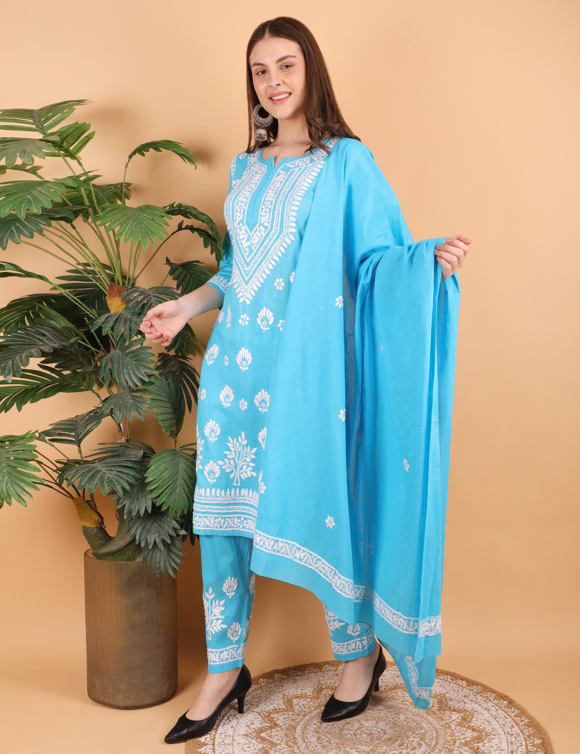 iKRABIB Women's Lucknowi Chikankari Kurti Palazzo Dupatta Set, 3/4 Sleeves