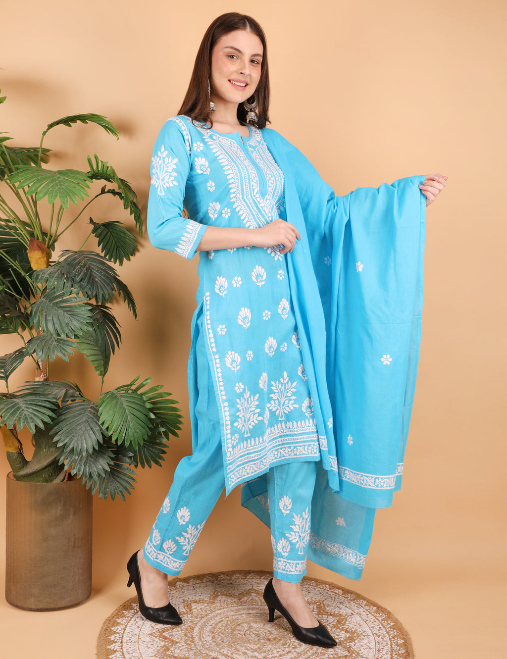 iKRABIB Women's Lucknowi Chikankari Kurti Palazzo Dupatta Set, 3/4 Sleeves