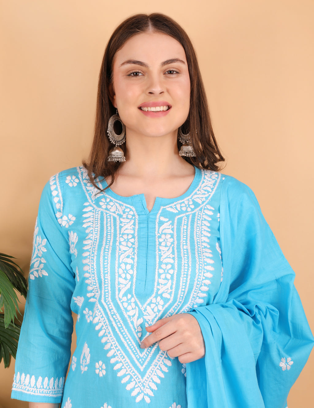 iKRABIB Women's Lucknowi Chikankari Kurti Palazzo Dupatta Set, 3/4 Sleeves