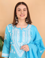 iKRABIB Women's Lucknowi Chikankari Kurti Palazzo Dupatta Set, 3/4 Sleeves