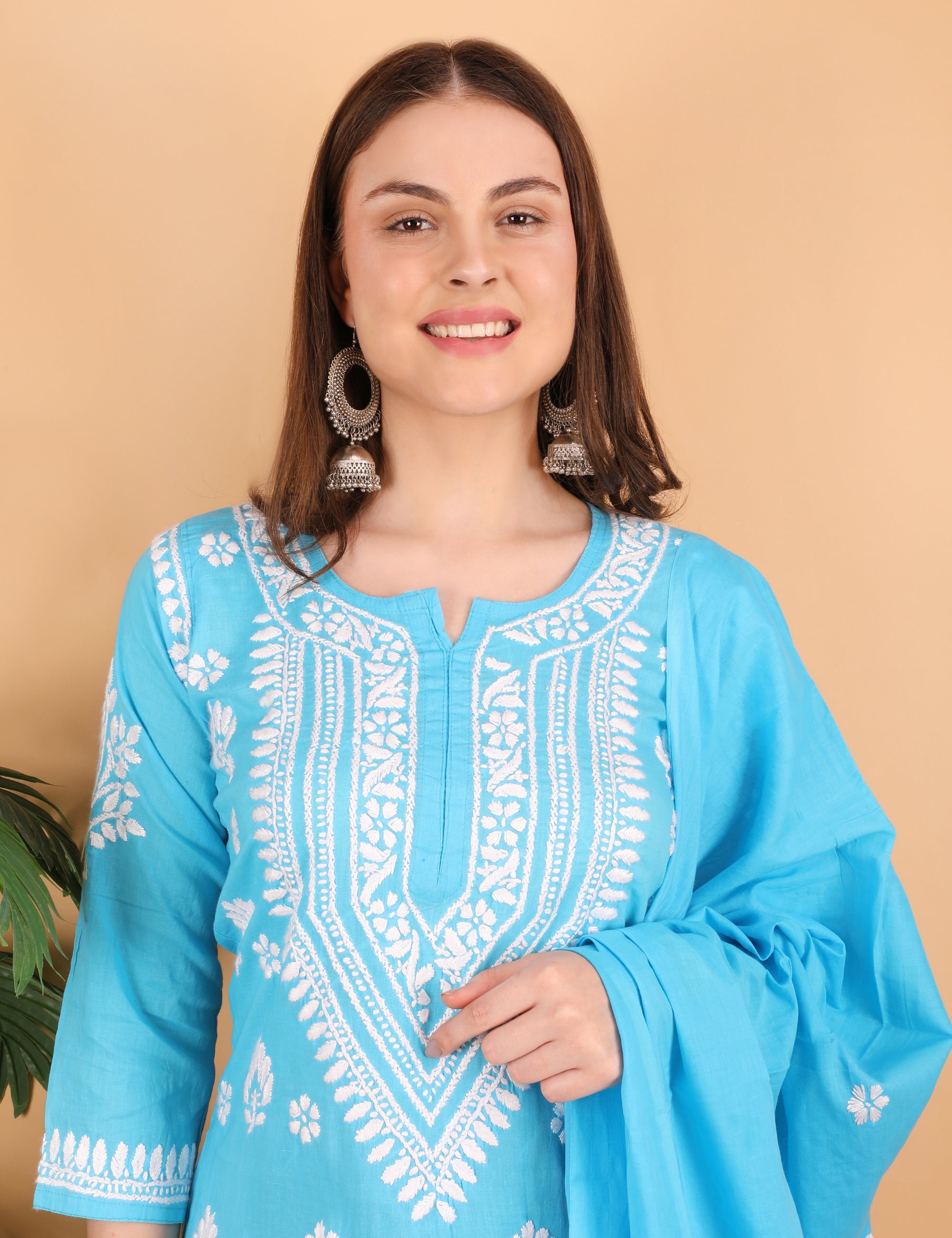 iKRABIB Women's Lucknowi Chikankari Kurti Palazzo Dupatta Set, 3/4 Sleeves