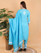 iKRABIB Women's Lucknowi Chikankari Kurti Palazzo Dupatta Set, 3/4 Sleeves