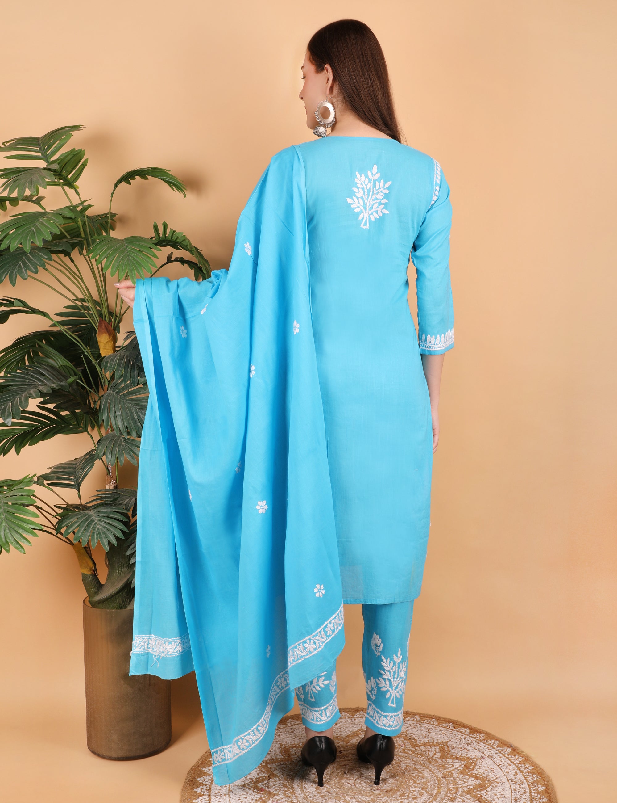 iKRABIB Women's Lucknowi Chikankari Kurti Palazzo Dupatta Set, 3/4 Sleeves