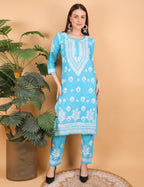 iKRABIB Women's Lucknowi Chikankari Kurti Palazzo Dupatta Set, 3/4 Sleeves