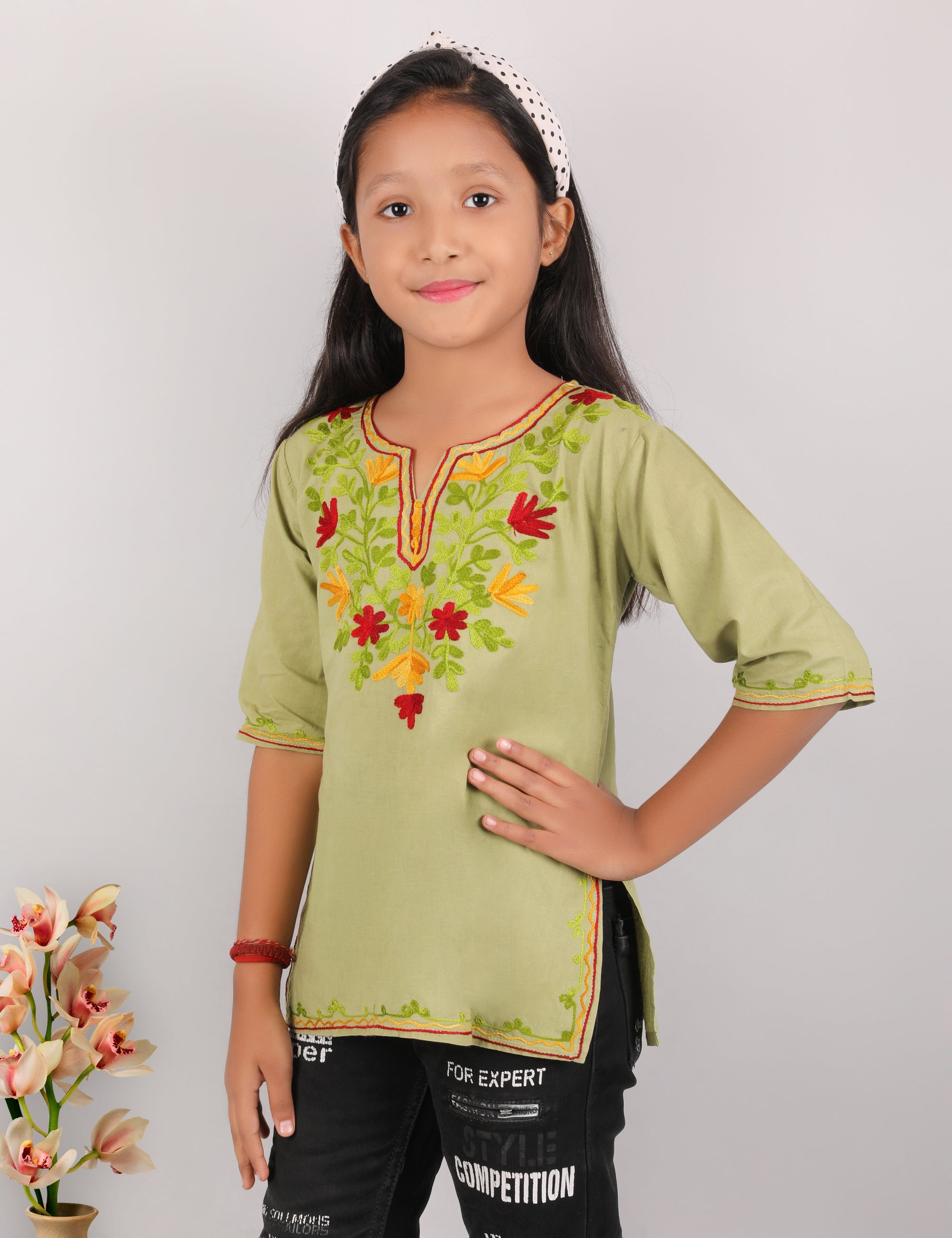 Kids Cotton Kashmiri Embriodered Short Regular Fit Kurti