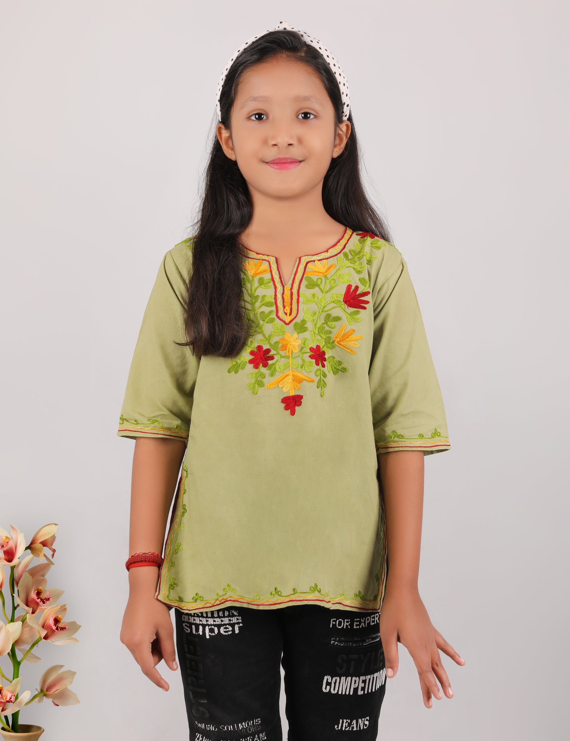 Kids Cotton Kashmiri Embriodered Short Regular Fit Kurti